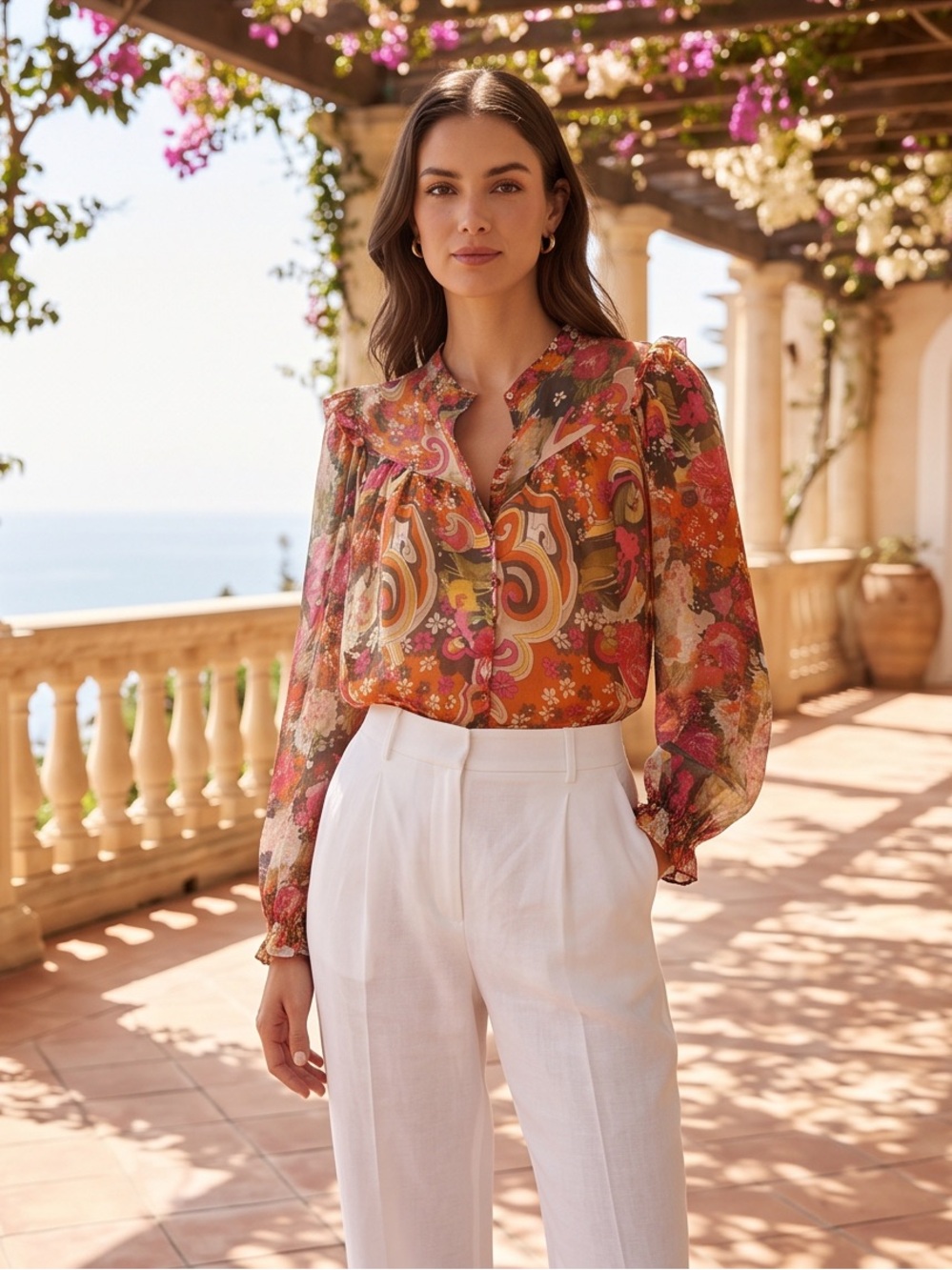 #174 Walter Baker Orange and Pink Floral Paisley Sheer Blouse